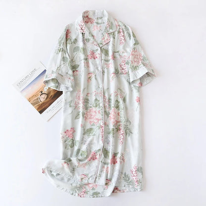 Soft Floral Print Nightgown Comfortable Half-Sleeve Lapel Sleepdress Gentle Style For Women's Homewear Sleepwear Summer Comfy