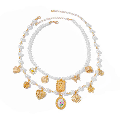 Salircon 2Pcs/Set Butterfly Sunflower Heart Pendant Necklace for Women luxury Imitation Pearl Charm Statement Choker Jewelry
