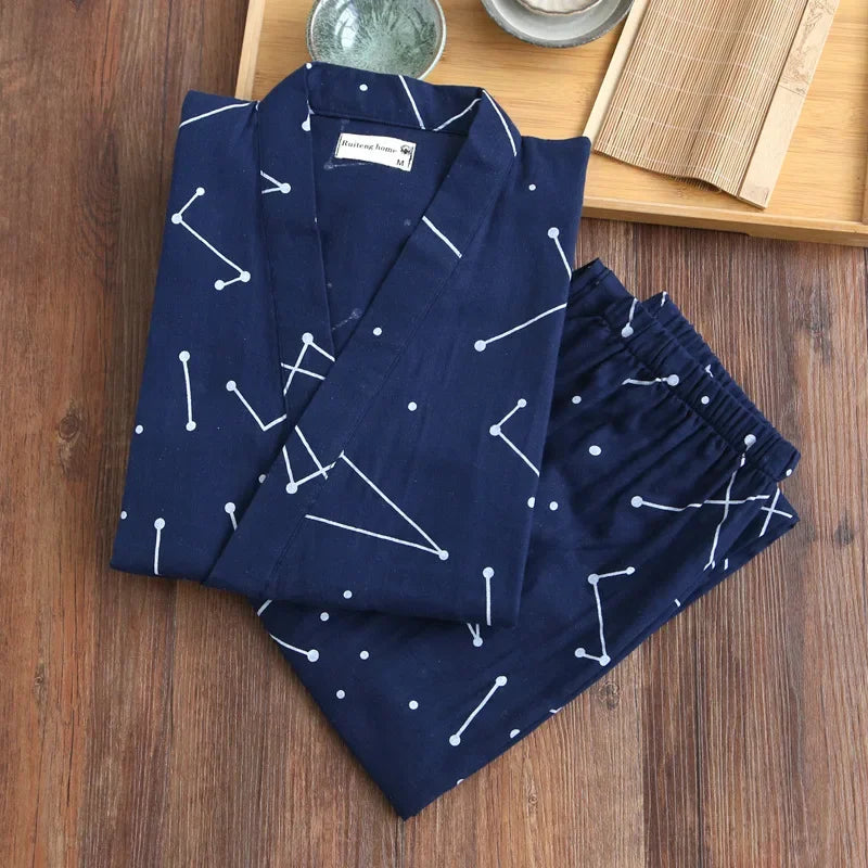 2025 new seven-sleeve Japanese-style kimono pajamas set female spring and autumn 100% cotton gauze home clothes cute sweet two-p