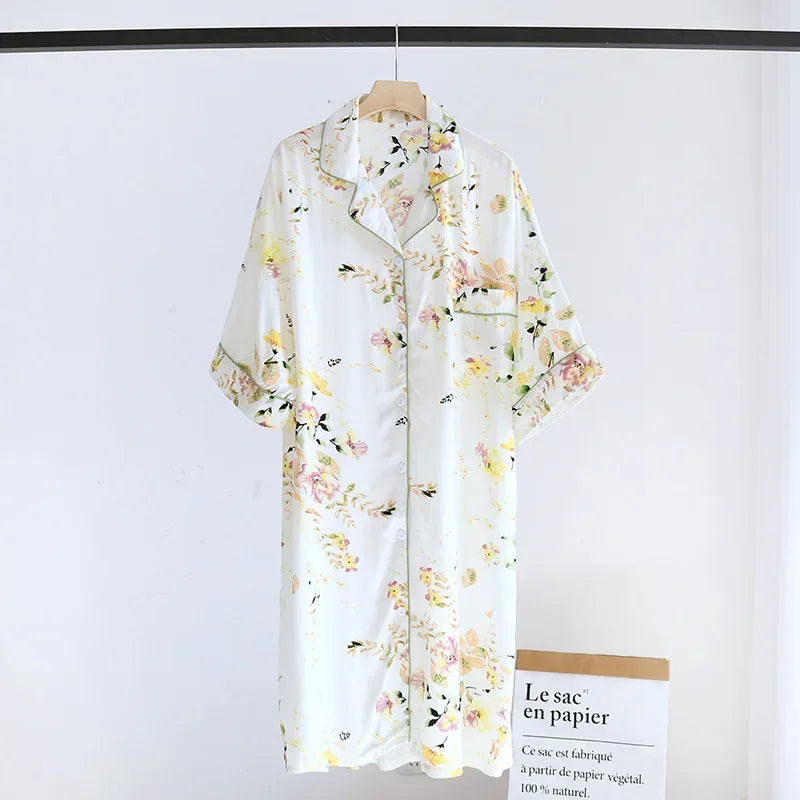 Women Summer Cotton Cardigan Nightdress Loose Women Short Sleeve Nightgown Cartoon Floral Print Sleep Dress Nachtkleding Vrouwen