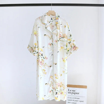 Women Summer Cotton Cardigan Nightdress Loose Women Short Sleeve Nightgown Cartoon Floral Print Sleep Dress Nachtkleding Vrouwen
