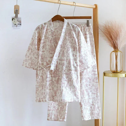 2025 new seven-sleeve Japanese-style kimono pajamas set female spring and autumn 100% cotton gauze home clothes cute sweet two-p