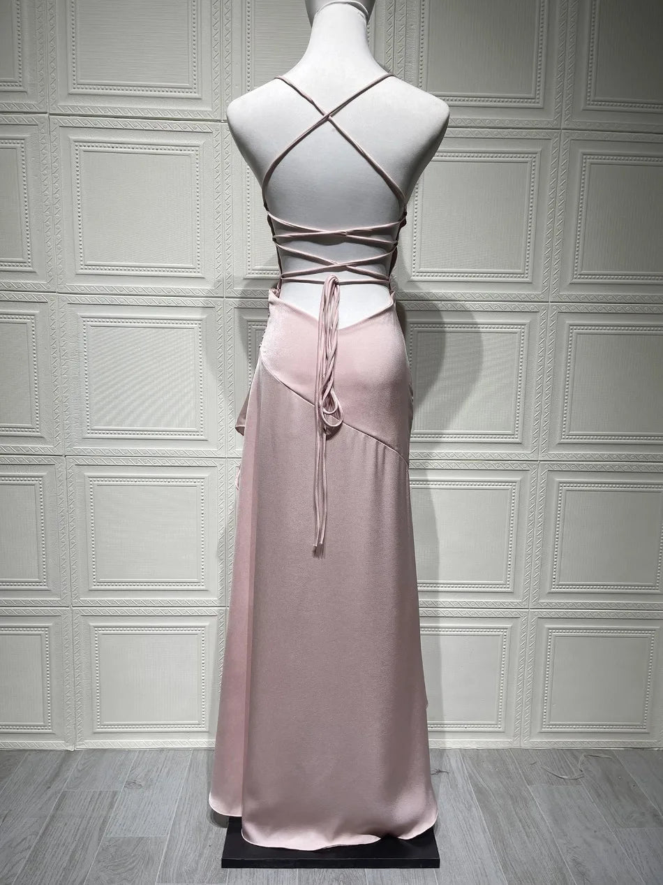New in Summer Elegant Spaghetti Strap Satin Split Maxi Dress Women Sexy Backless Bodycon Party Evening Dress Summer Hol