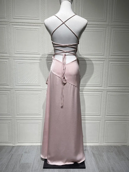 New in Summer Elegant Spaghetti Strap Satin Split Maxi Dress Women Sexy Backless Bodycon Party Evening Dress Summer Hol