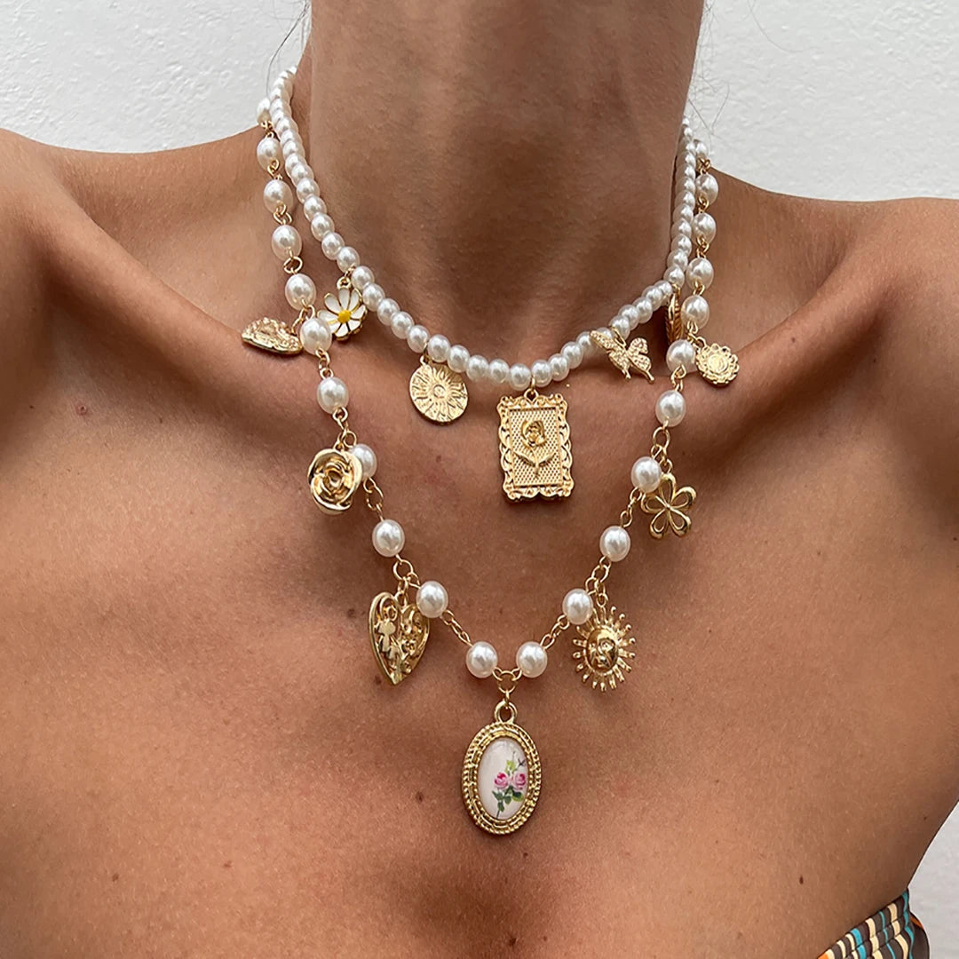 Salircon 2Pcs/Set Butterfly Sunflower Heart Pendant Necklace for Women luxury Imitation Pearl Charm Statement Choker Jewelry