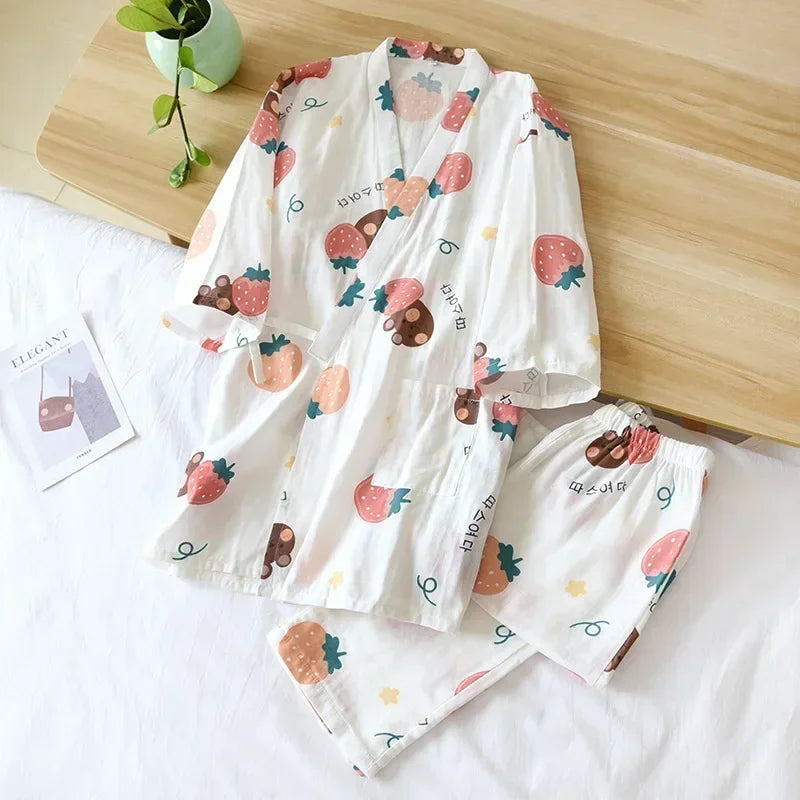 2025 new seven-sleeve Japanese-style kimono pajamas set female spring and autumn 100% cotton gauze home clothes cute sweet two-p