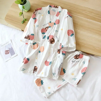 2025 new seven-sleeve Japanese-style kimono pajamas set female spring and autumn 100% cotton gauze home clothes cute sweet two-p