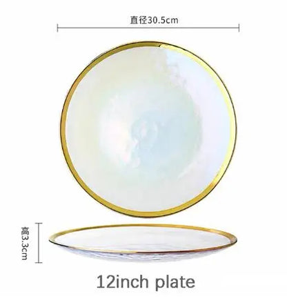 Ins Gold Gdge Glass Plate Bowl, Nordic Tableware, Steak Plate Creative Tray, Fruit Salad Transparent Colorful Plates, 1 piece