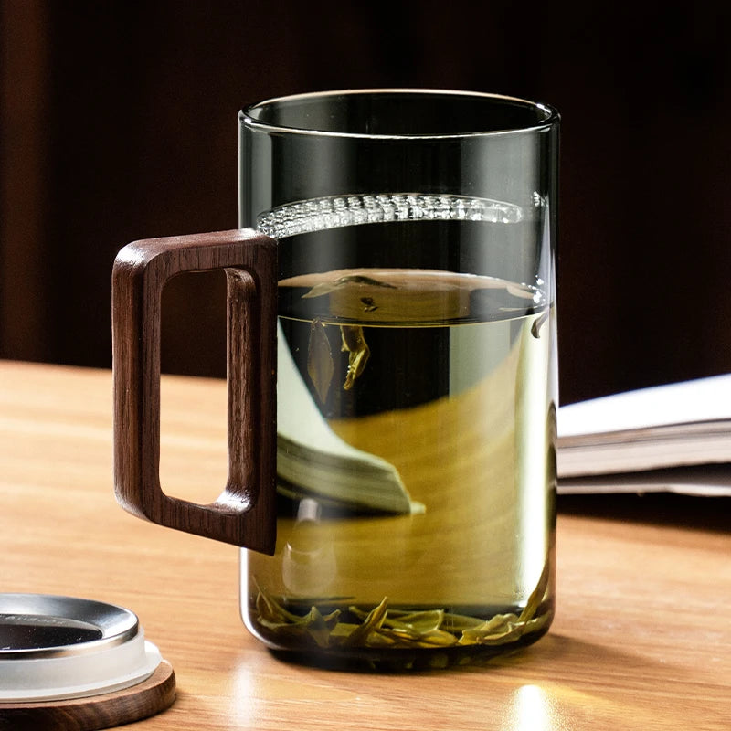 GIANXI 500ML Drinkware Transparent Glass Cup With wooden Lid Wooden Handle Coffee Mug Kitchen Tea Making Cup Coffeeware Teaware