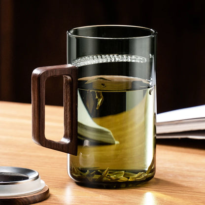 GIANXI 500ML Drinkware Transparent Glass Cup With wooden Lid Wooden Handle Coffee Mug Kitchen Tea Making Cup Coffeeware Teaware