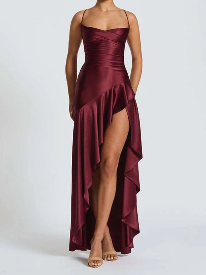 New in Summer Elegant Spaghetti Strap Satin Split Maxi Dress Women Sexy Backless Bodycon Party Evening Dress Summer Hol