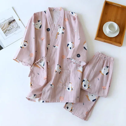 2025 new seven-sleeve Japanese-style kimono pajamas set female spring and autumn 100% cotton gauze home clothes cute sweet two-p