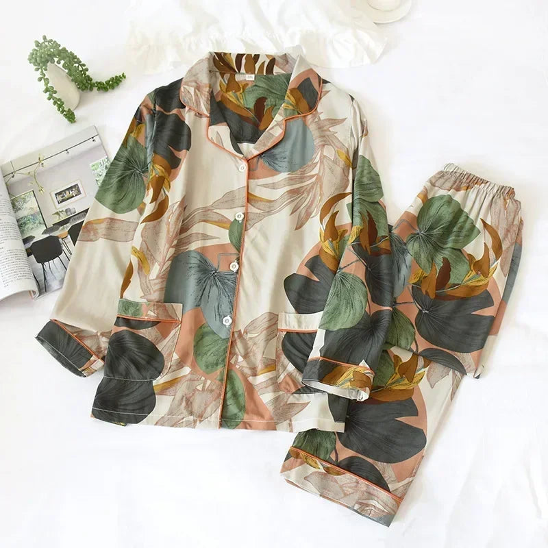 Two-piece Set Women Home Clothes for Spring and Autumn Long-sleeved Viscose Cotton Trouser Suits Women Sleepwear Pajama Set