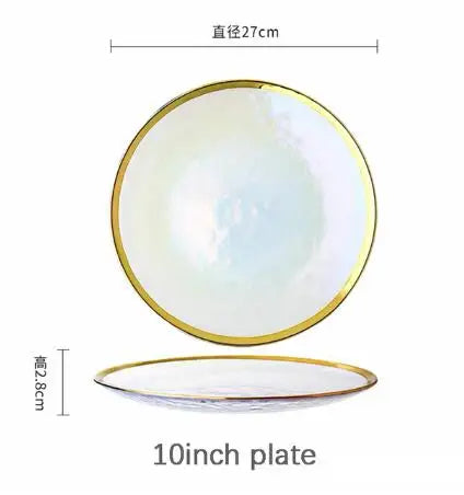 Ins Gold Gdge Glass Plate Bowl, Nordic Tableware, Steak Plate Creative Tray, Fruit Salad Transparent Colorful Plates, 1 piece