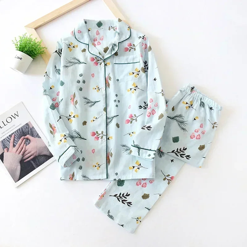 2025 kimono femme maple leaf pajama sets women 100% gauze cotton long sleeve casual sleepwear women pyjamas autumn hot sale