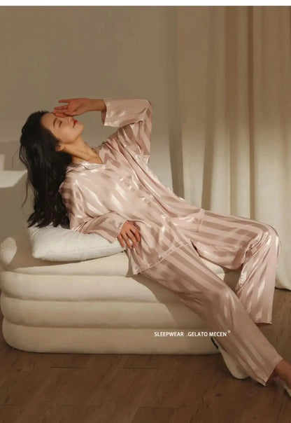 High Quality Ice Silk Light Luxury Pajamas Women's Pajama Spring and Autumn Style Long Sleeve Home Set Nightwear Sleepwear