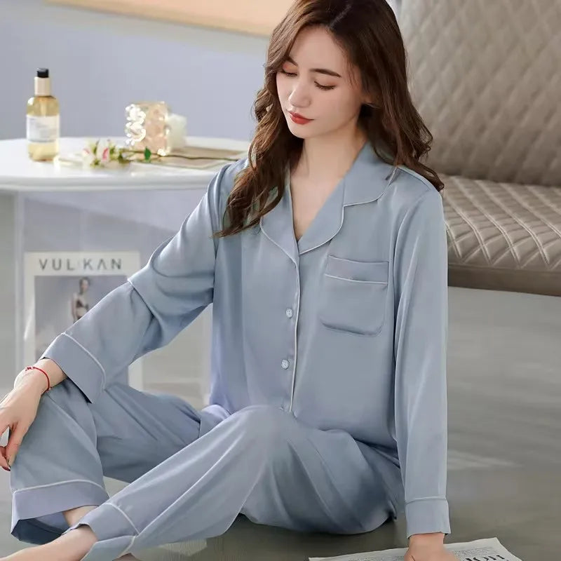 High Quality Ice Silk Light Luxury Pajamas Women's Pajama Spring and Autumn Style Long Sleeve Home Set Nightwear Sleepwear