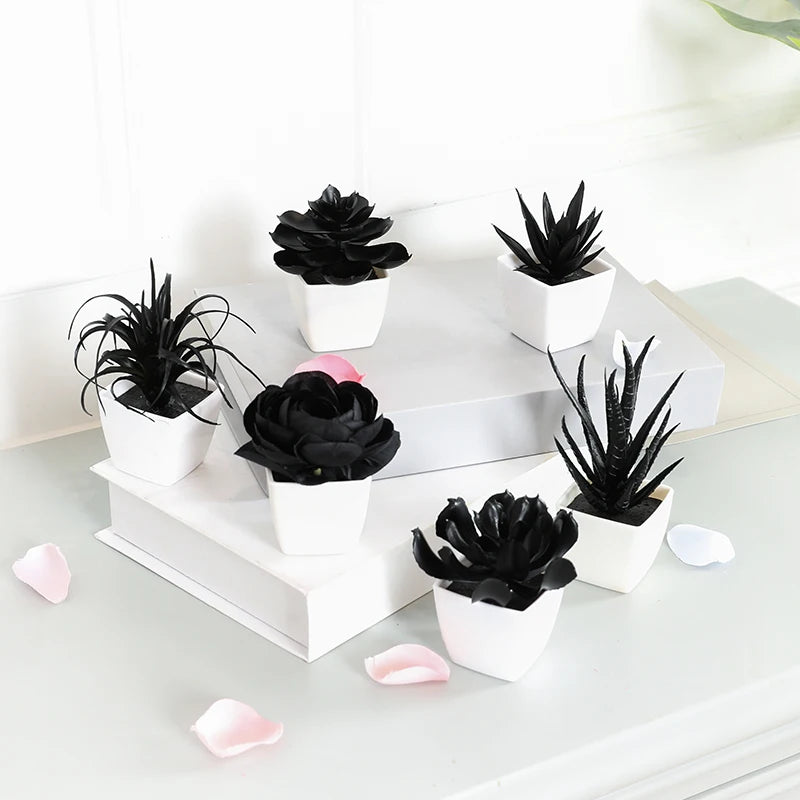 6PCS Black Artificial Succulent Small Potted Plant, Home, Office, Windowsill, Desktop, Holiday Party Decoration