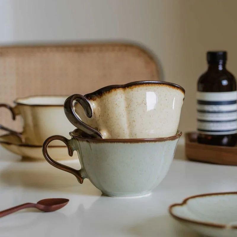 Ceramic Afternoon Tea Cup and Saucer Set, Lace Shape, Home Cafe, Office Teaware, Coffee Mug with Handle, Novel Gift, 240ml