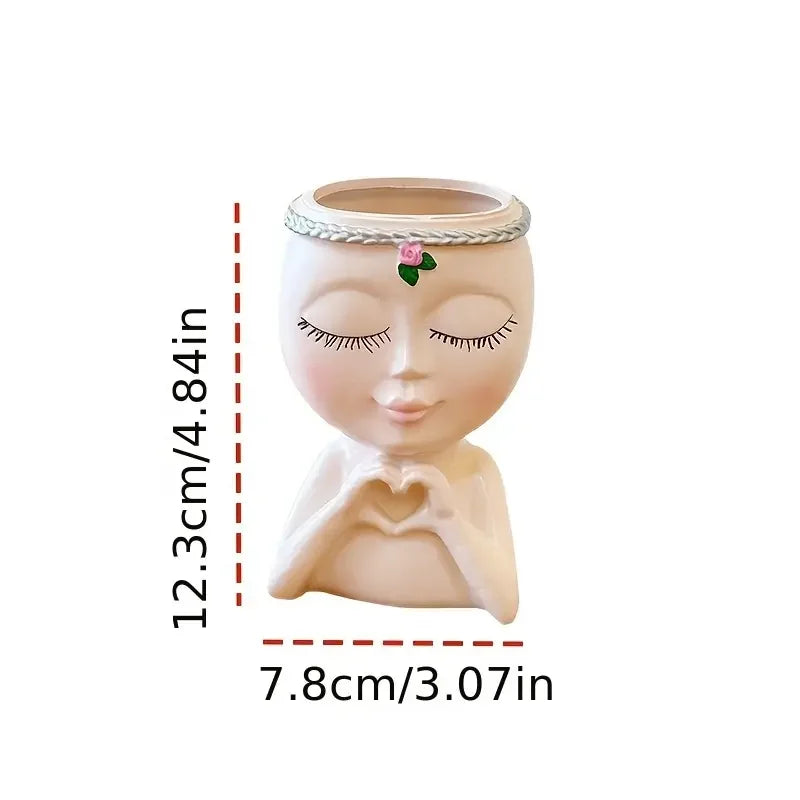 Creative Elegant Girl Meditation Potted Plant Embellishment Pink Rose Face Vase Indoor Outdoor Garden Decoration
