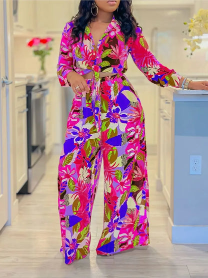 Fashion Printed Shirt Long Sleeve Women's Suit Spring Autumn Fashion Lace Up Tops Slim Elegant Female Straight Pants 2 Piece Set