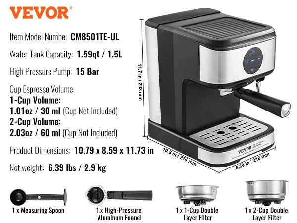 VEVOR Espresso Machine 15 Bar Coffee and Espresso Maker with Milk Frother Steam Wand Professional Semi-Automatic Latte Machine