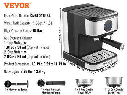 VEVOR Espresso Machine 15 Bar Coffee and Espresso Maker with Milk Frother Steam Wand Professional Semi-Automatic Latte Machine