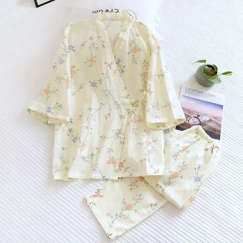 2025 new seven-sleeve Japanese-style kimono pajamas set female spring and autumn 100% cotton gauze home clothes cute sweet two-p