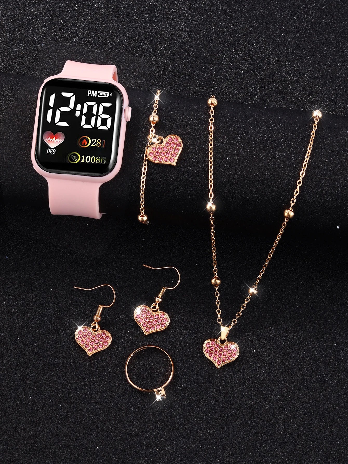 Pink sport simple rectangular silicone women's digital watch with heart full diamond necklace set birthday gift