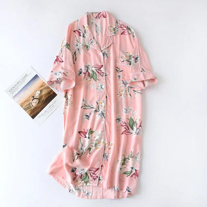 Women Summer Cotton Cardigan Nightdress Loose Women Short Sleeve Nightgown Cartoon Floral Print Sleep Dress Nachtkleding Vrouwen