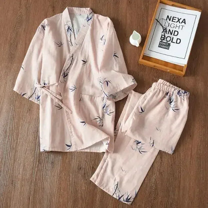 2025 new seven-sleeve Japanese-style kimono pajamas set female spring and autumn 100% cotton gauze home clothes cute sweet two-p