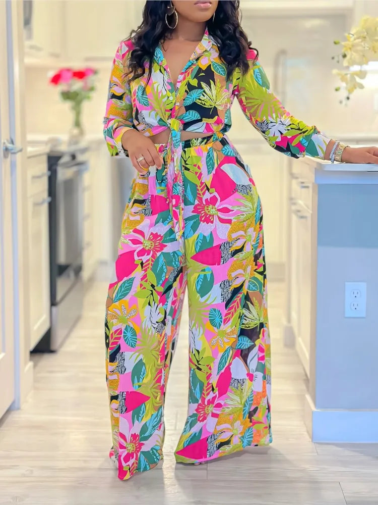 Fashion Printed Shirt Long Sleeve Women's Suit Spring Autumn Fashion Lace Up Tops Slim Elegant Female Straight Pants 2 Piece Set