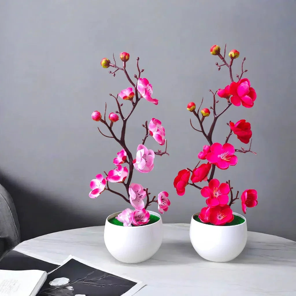 Lifelike Artificial Plum Flower Tree Mini Potted Plant Faux Wax Bonsai for Indoor Outdoor Tabletop Garden Home Hotel Decor
