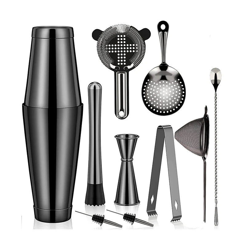 Cocktail Shaker Bar Set: 2 Weighted Boston Shakers, Cocktail Strainer Set,Jigger,Muddler and Spoon, Ice Tong and 2 Bottle Pourer