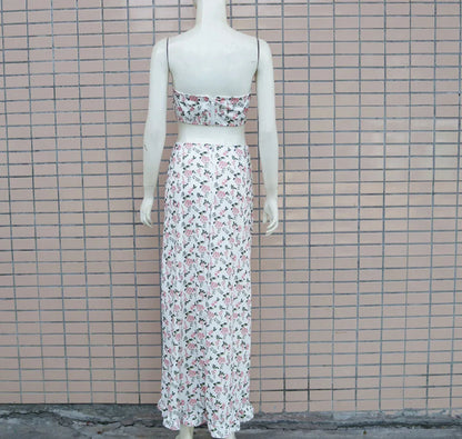 Printed Two-piece Sets Woman Summer 2024 Sexy Pleated Ruffled Edge Dress and Sleeveless Vest Suit for Female New Streetwear