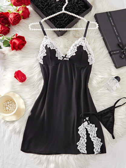 Pink Sweet Nightgown Female Elegant Sleep Dress Hot V-neck Bra Transparent Milk Silk Underwear Women's Pajamas With Panties Set