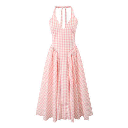 YENKYE  Summer Women Sexy Backless Pink Plaid Halter Dress Low Waist Elegant Party Dresses Holiday Robe
