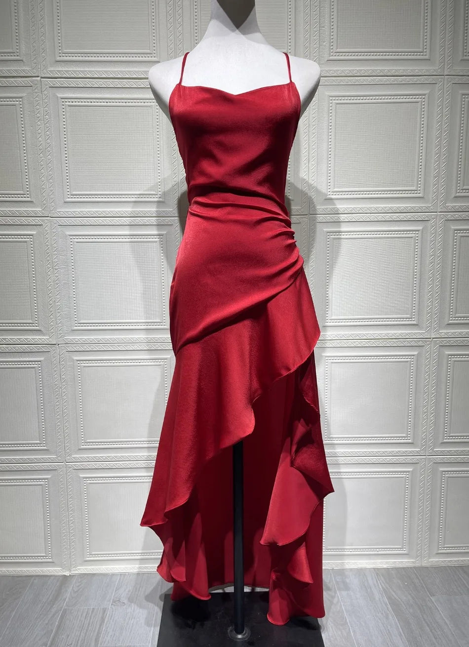 New in Summer Elegant Spaghetti Strap Satin Split Maxi Dress Women Sexy Backless Bodycon Party Evening Dress Summer Hol