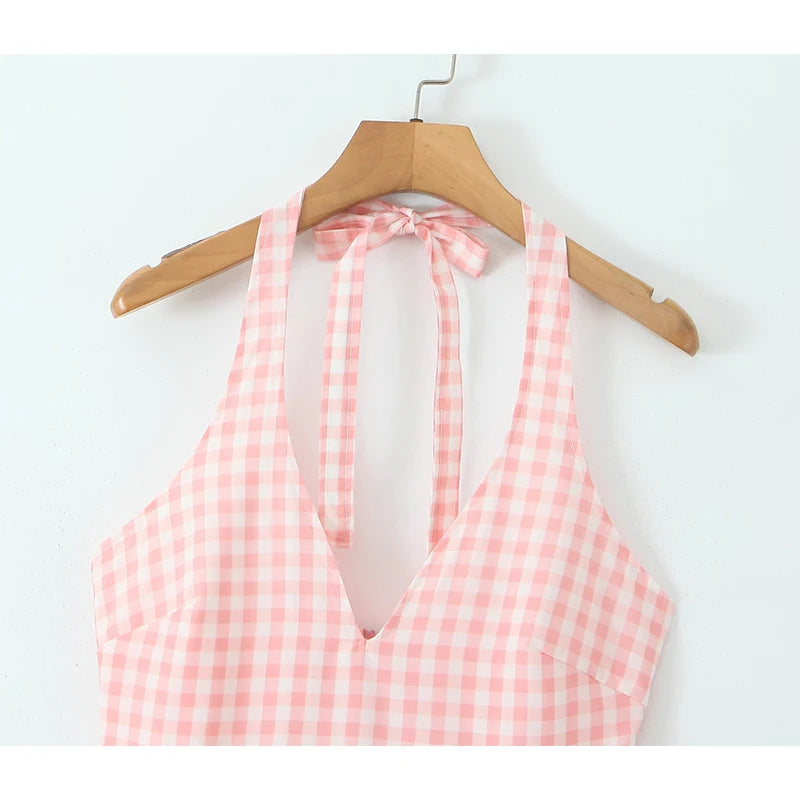 YENKYE  Summer Women Sexy Backless Pink Plaid Halter Dress Low Waist Elegant Party Dresses Holiday Robe