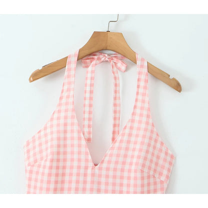 YENKYE  Summer Women Sexy Backless Pink Plaid Halter Dress Low Waist Elegant Party Dresses Holiday Robe