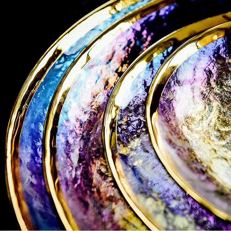Ins Gold Gdge Glass Plate Bowl, Nordic Tableware, Steak Plate Creative Tray, Fruit Salad Transparent Colorful Plates, 1 piece