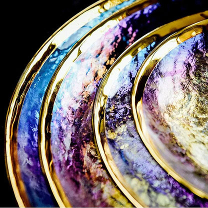 Ins Gold Gdge Glass Plate Bowl, Nordic Tableware, Steak Plate Creative Tray, Fruit Salad Transparent Colorful Plates, 1 piece