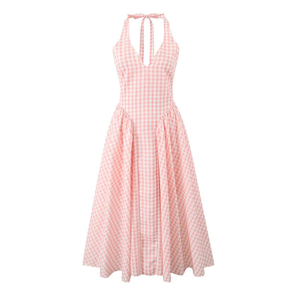 YENKYE  Summer Women Sexy Backless Pink Plaid Halter Dress Low Waist Elegant Party Dresses Holiday Robe
