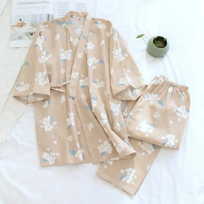 2025 new seven-sleeve Japanese-style kimono pajamas set female spring and autumn 100% cotton gauze home clothes cute sweet two-p