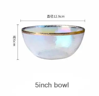 Ins Gold Gdge Glass Plate Bowl, Nordic Tableware, Steak Plate Creative Tray, Fruit Salad Transparent Colorful Plates, 1 piece