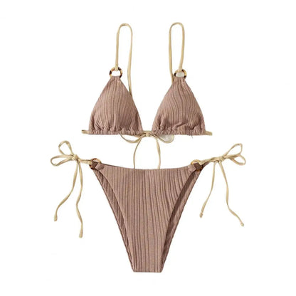 Padded Three-point Women Bikini Set Solid Color Spaghetti Strap Hoop Women Swimsuit Two-piece Swimwear Wireless Bathing Suit