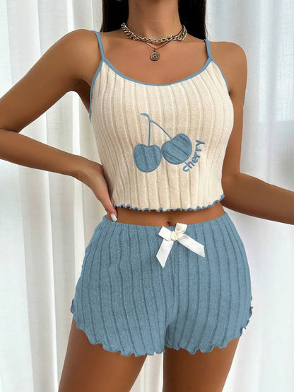 Summer 2pcs Pajamas Set for Women Casual Simple Ground Wool Halter Vest Shorts Set Home Wear Sleepwear Loungerwear