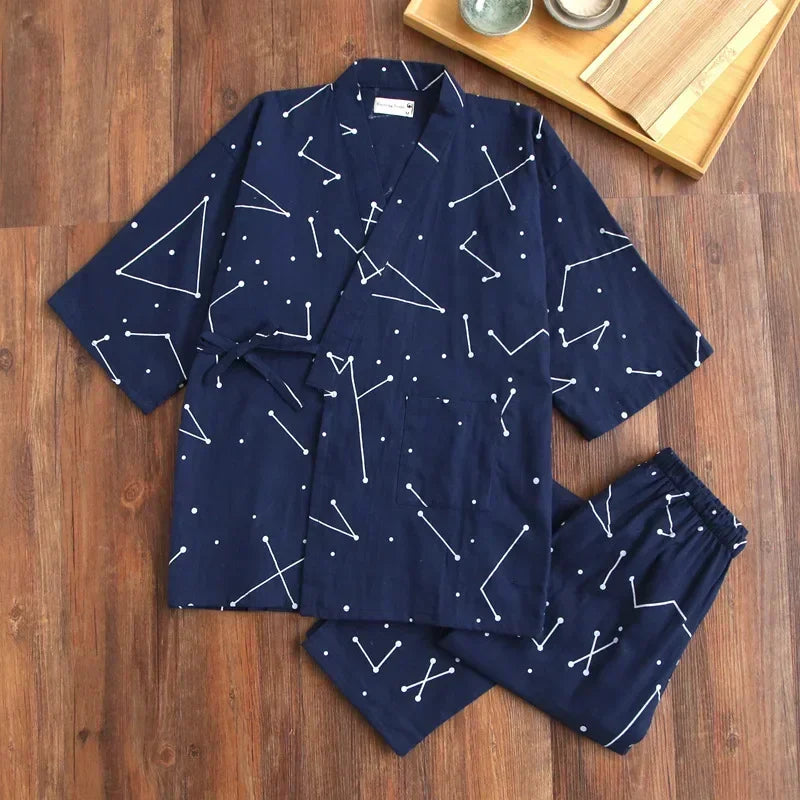 2025 new seven-sleeve Japanese-style kimono pajamas set female spring and autumn 100% cotton gauze home clothes cute sweet two-p