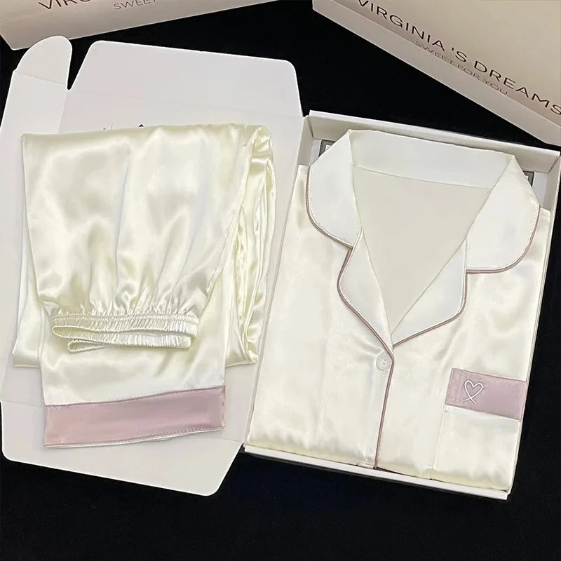 High Quality Ice Silk Light Luxury Pajamas Women's Pajama Spring and Autumn Style Long Sleeve Home Set Nightwear Sleepwear