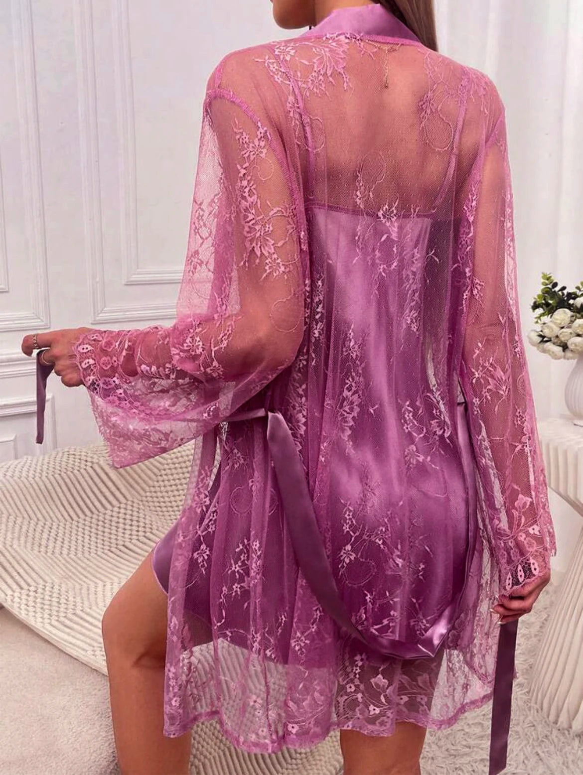 Sexy mesh nightgown with lace and lace, tempting perspective sleepwear, women's outerwear, home clothes